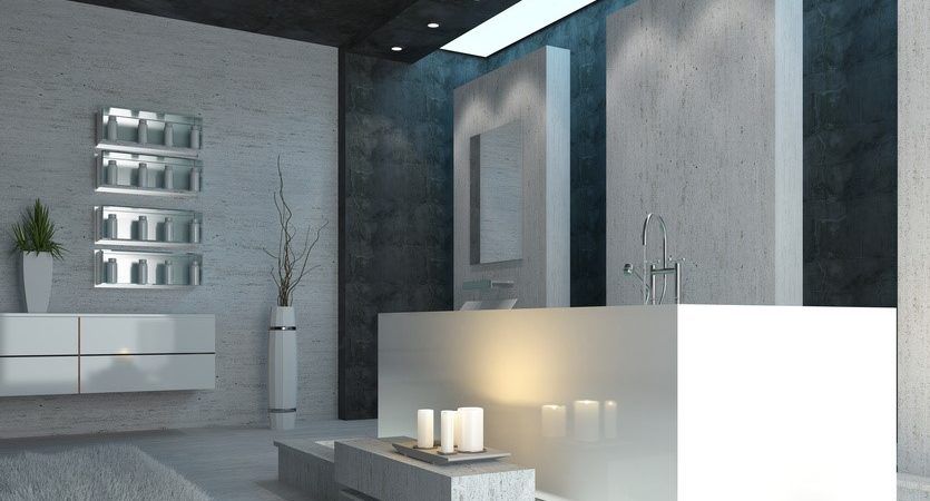 Sehr modernes Farbenspiel in Betonoptik mit weißen Akzeneten. Schwarze Decke vollendet das Ambiente im Keramik Bad.