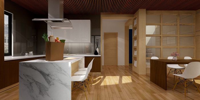 Große modern Küche mit Marmoroptik Kücheninsel. Der Holz Fußboden gibt wärme und charme.