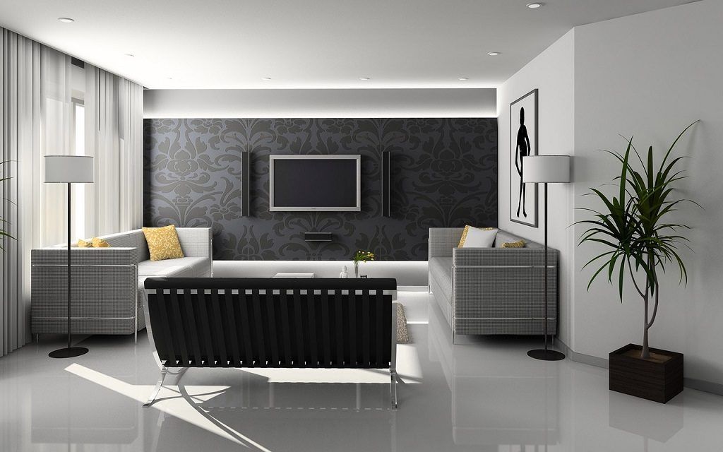 Wohnzimmer minimalistisch eingerichtet. Sehr modern gehalten im stil mit grau und weißen farben und polierten weißen Bodenfliesen.